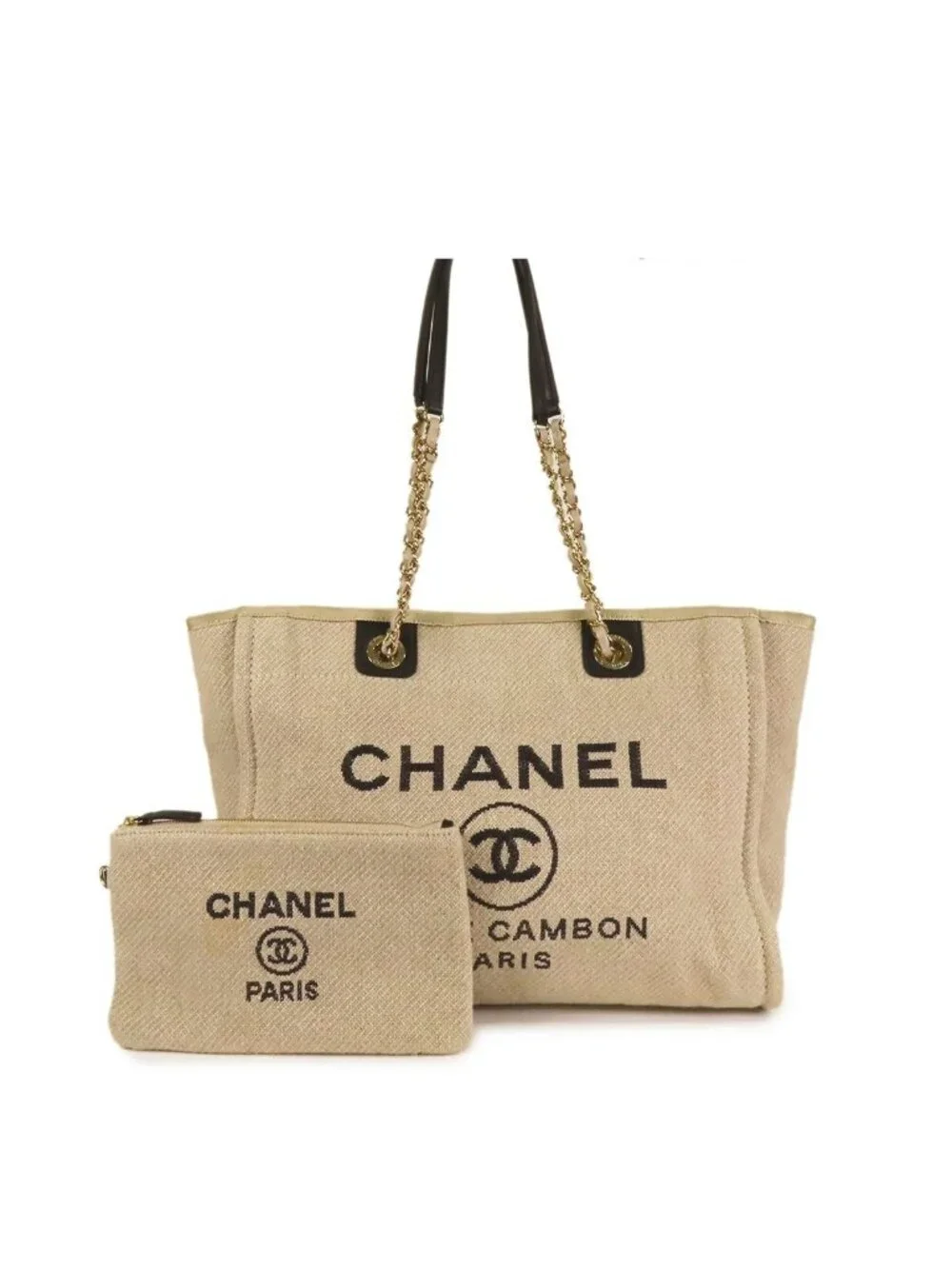 Chanel Deauville MM Beige Gold Canvas Leather 2-Way Shoulder Bag